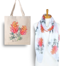 Load image into Gallery viewer, Australian Native Grevillea Flower Tote Bag and Scarf Set | White