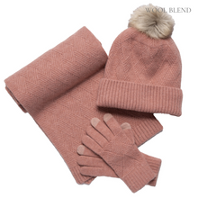 Load image into Gallery viewer, THSAP1303: (3pcs) Winter Pink Pattern Rib Knit Scarf Beanie Gloves Set