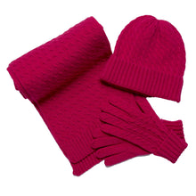 Load image into Gallery viewer, THSAP1354: (3pcs) Hot Pink Cable Knit Scarf Beanie Gloves Set