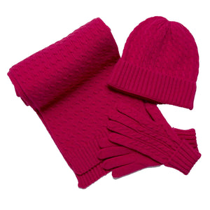 THSAP1354: (3pcs) Hot Pink Cable Knit Scarf Beanie Gloves Set