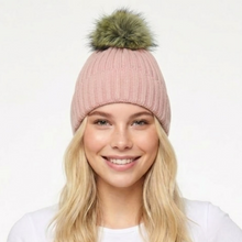 Load image into Gallery viewer, THSBE1026: Pink: Double Layer Pom Pom Rib Knit Beanie