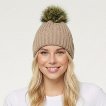 Load image into Gallery viewer, THSBE1027: Taupe: Double Layer Pom Pom Rib Knit Beanie