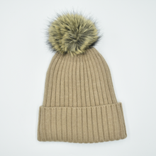 Load image into Gallery viewer, THSBE1027: Taupe: Double Layer Pom Pom Rib Knit Beanie