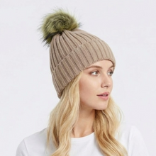 Load image into Gallery viewer, THSBE1027: Taupe: Double Layer Pom Pom Rib Knit Beanie