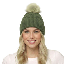 Load image into Gallery viewer, THSBE1037: Green: Pom Pom Ribbed Knit Beanie