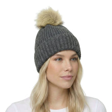 Load image into Gallery viewer, THSBE1038: Dark Grey: Pom Pom Ribbed Knit Beanie