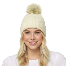 Load image into Gallery viewer, THSBE1039: Cream: Pom Pom Ribbed Knit Beanie