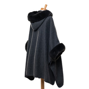 THSP1041: Dark Grey: Faux Fur Hooded Poncho