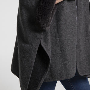 THSP1041: Dark Grey: Faux Fur Hooded Poncho