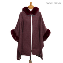 Load image into Gallery viewer, THSP1042: Burgundy: Faux Fur Hooded Poncho