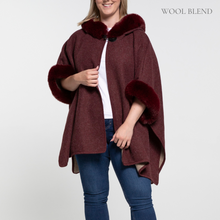 Load image into Gallery viewer, THSP1042: Burgundy: Faux Fur Hooded Poncho