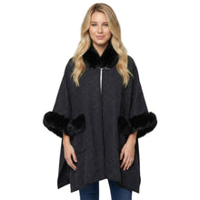 Load image into Gallery viewer, THSP1045: Black: Faux Fur Plain Sleeve Cape Coat