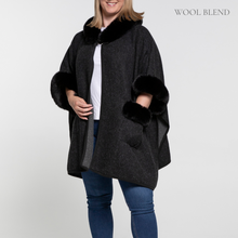 Load image into Gallery viewer, THSP1045: Black: Faux Fur Plain Sleeve Cape Coat