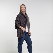 Load image into Gallery viewer, THSP1049: Grey: Faux Fur Leopard Sleeve Cape Wrap