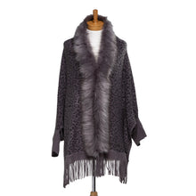 Load image into Gallery viewer, THSP1049: Grey: Faux Fur Leopard Sleeve Cape Wrap