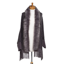 Load image into Gallery viewer, THSP1049: Grey: Faux Fur Leopard Sleeve Cape Wrap