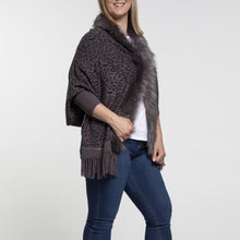 Load image into Gallery viewer, THSP1049: Grey: Faux Fur Leopard Sleeve Cape Wrap