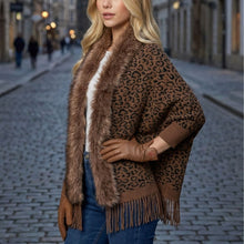 Load image into Gallery viewer, THSP1050: Brown: Faux Fur Leopard Sleeve Cape Wrap