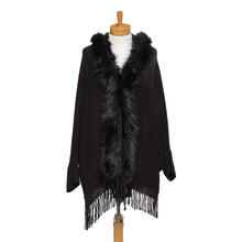 Load image into Gallery viewer, THSP1051: Black: Faux Fur Plain Sleeve Cape Wrap