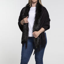 Load image into Gallery viewer, THSP1051: Black: Faux Fur Plain Sleeve Cape Wrap
