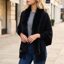 Load image into Gallery viewer, THSP1051: Black: Faux Fur Plain Sleeve Cape Wrap