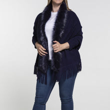 Load image into Gallery viewer, THSP1053: Navy: Faux Fur Plain Sleeve Cape Wrap