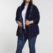 Load image into Gallery viewer, THSP1053: Navy: Faux Fur Plain Sleeve Cape Wrap