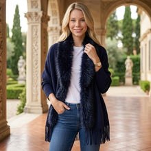 Load image into Gallery viewer, THSP1053: Navy: Faux Fur Plain Sleeve Cape Wrap