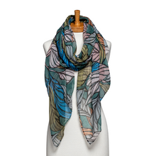 Load image into Gallery viewer, THSS2612: Green Blue: Leaf Pattern Scarf