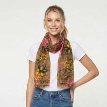 Load image into Gallery viewer, THSS2882: Brown: Peony Rose Garden Scarf