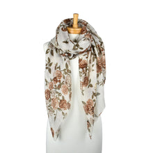 Load image into Gallery viewer, THSS2889: White Brown: Vintage Rose Garden Scarf