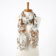Load image into Gallery viewer, THSS2889: White Brown: Vintage Rose Garden Scarf