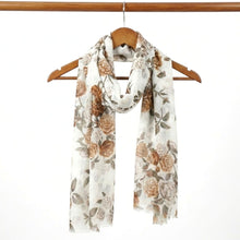 Load image into Gallery viewer, THSS2889: White Brown: Vintage Rose Garden Scarf