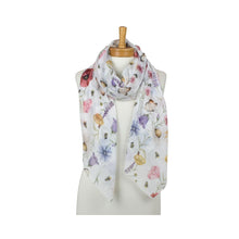 Load image into Gallery viewer, THSS2961: White: Butterflies, Bees, Flowers Scarf