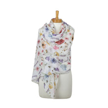 Load image into Gallery viewer, THSS2961: White: Butterflies, Bees, Flowers Scarf
