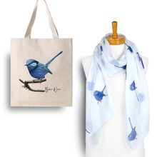 Load image into Gallery viewer, Serenity & Sparkle Blue Wren Scarf & Tote Bag Set | White