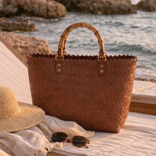 Load image into Gallery viewer, THSB1067: Cognac Brown: Woven Tote Bag with Bamboo Handles
