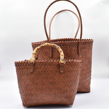 Load image into Gallery viewer, THSB1067: Cognac Brown: Woven Tote Bag with Bamboo Handles
