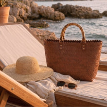 Load image into Gallery viewer, THSB1067: Cognac Brown: Woven Tote Bag with Bamboo Handles
