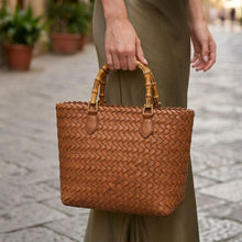 Load image into Gallery viewer, THSB1067: Cognac Brown: Woven Tote Bag with Bamboo Handles
