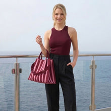Load image into Gallery viewer, THSB1068: Burgundy: Vertical Stripe Crossbody Tote Bag
