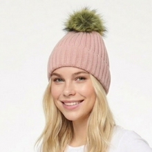 Load image into Gallery viewer, THSBE1026: Pink: Double Layer Pom Pom Rib Knit Beanie
