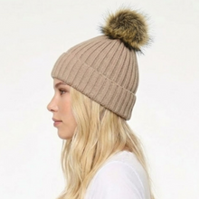 Load image into Gallery viewer, THSBE1027: Taupe: Double Layer Pom Pom Rib Knit Beanie
