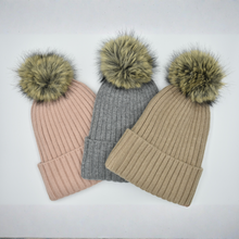 Load image into Gallery viewer, THSBE1027: Taupe: Double Layer Pom Pom Rib Knit Beanie

