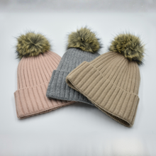 Load image into Gallery viewer, THSBE1027: Taupe: Double Layer Pom Pom Rib Knit Beanie
