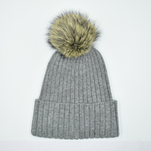 Load image into Gallery viewer, THSBE1028: Grey: Double Layer Pom Pom Rib Knit Beanie
