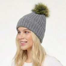 Load image into Gallery viewer, THSBE1028: Grey: Double Layer Pom Pom Rib Knit Beanie
