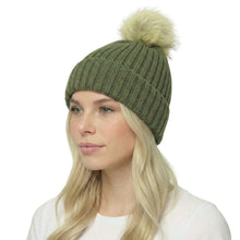 Load image into Gallery viewer, THSBE1037: Green:  Pom Pom Ribbed Knit Beanie
