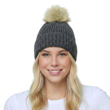 Load image into Gallery viewer, THSBE1038: Dark Grey: Pom Pom Ribbed Knit Beanie
