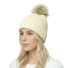 Load image into Gallery viewer, THSBE1039: Cream: Pom Pom Ribbed Knit Beanie
